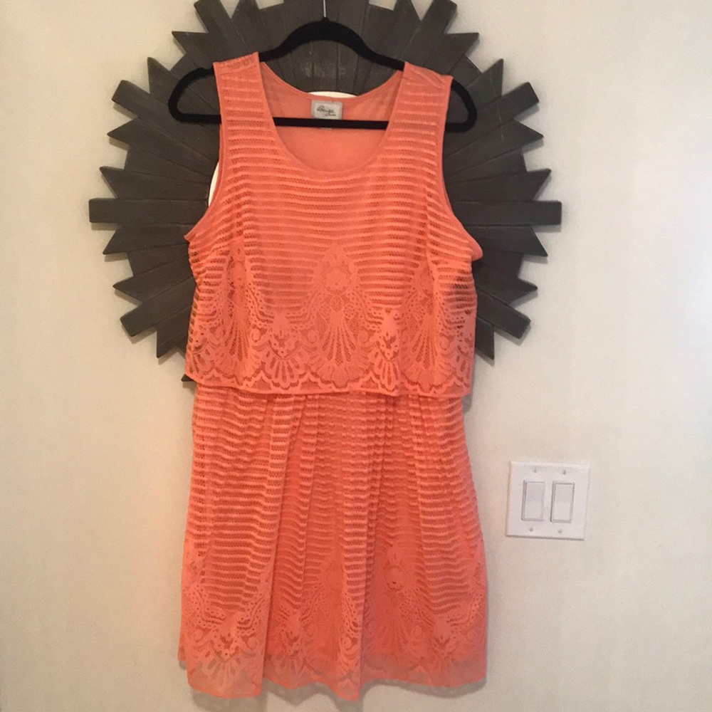 Coral lace dress with ruffle front accent